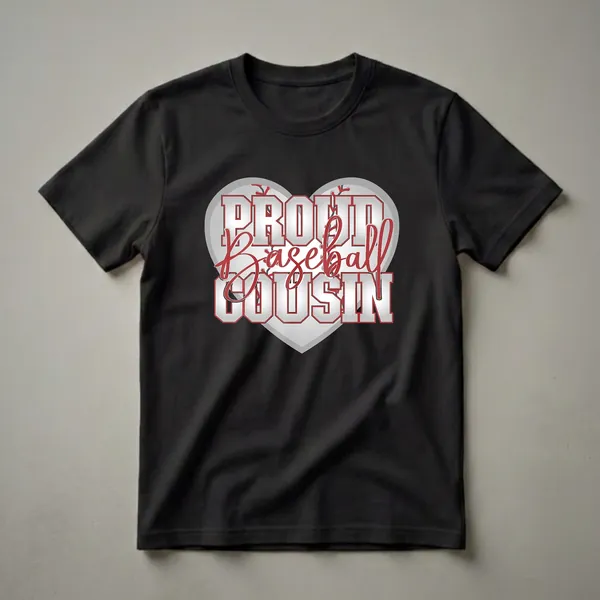 White graphic t-shirt with 'Proud Baseball Cousin' text in metallic silver and red, set against a baseball heart graphic with red stitching.
