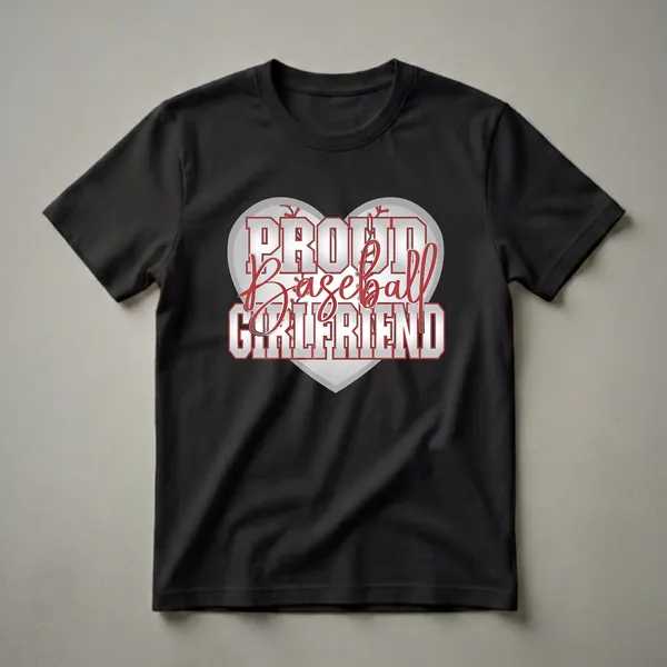 White and red 'Proud Baseball Girlfriend' text graphic inside a heart shape with baseball stitching, on a black background.