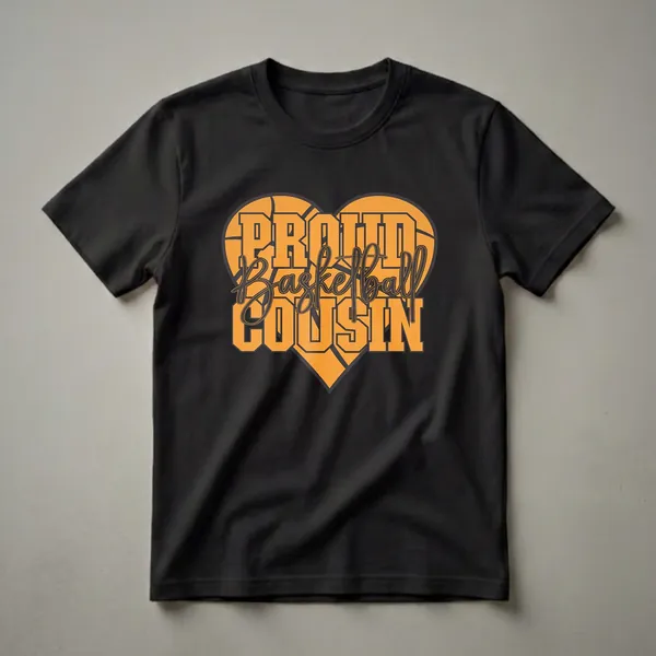 Orange and black graphic t-shirt with the words 'Proud Basketball Cousin' inside a heart shape with a basketball texture.