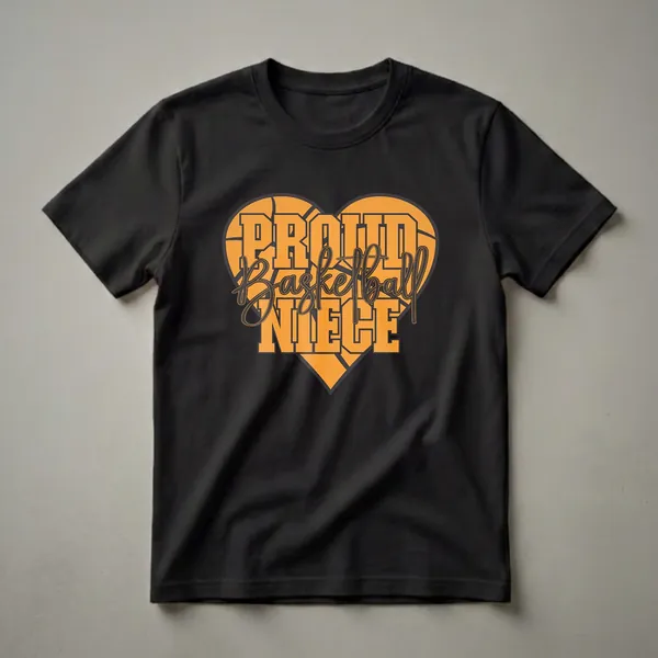 Orange heart graphic with basketball texture and black outline, filled with bold orange and black text that reads 'PROUD BASKETBALL NIECE'.