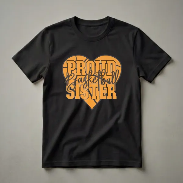Orange and black graphic t-shirt with the words 'Proud Basketball Sister' inside a basketball heart shape.