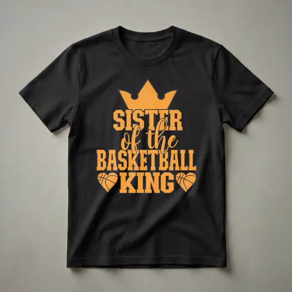 Black t-shirt with orange text that reads 'Sister of the Basketball King' and features a crown and two basketball heart graphics.