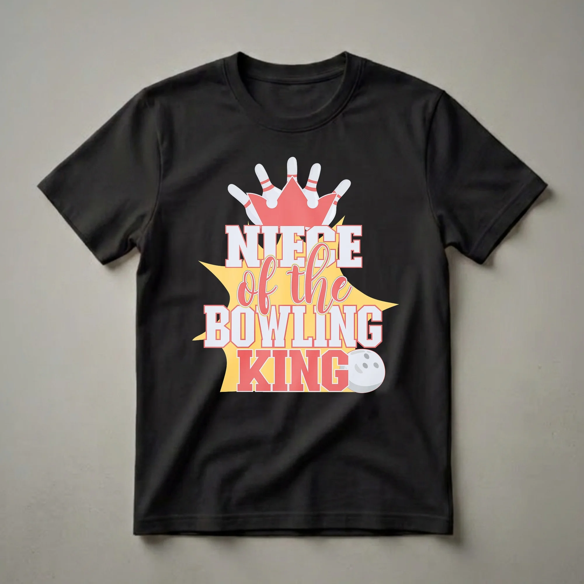 White and red graphic text design that reads 'NIECE of the BOWLING KING' with bowling pins forming a crown and a bowling ball on a yellow starburst background.