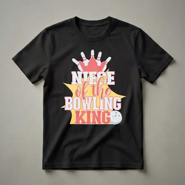 White and red graphic text design that reads 'NIECE of the BOWLING KING' with bowling pins forming a crown and a bowling ball on a yellow starburst background.