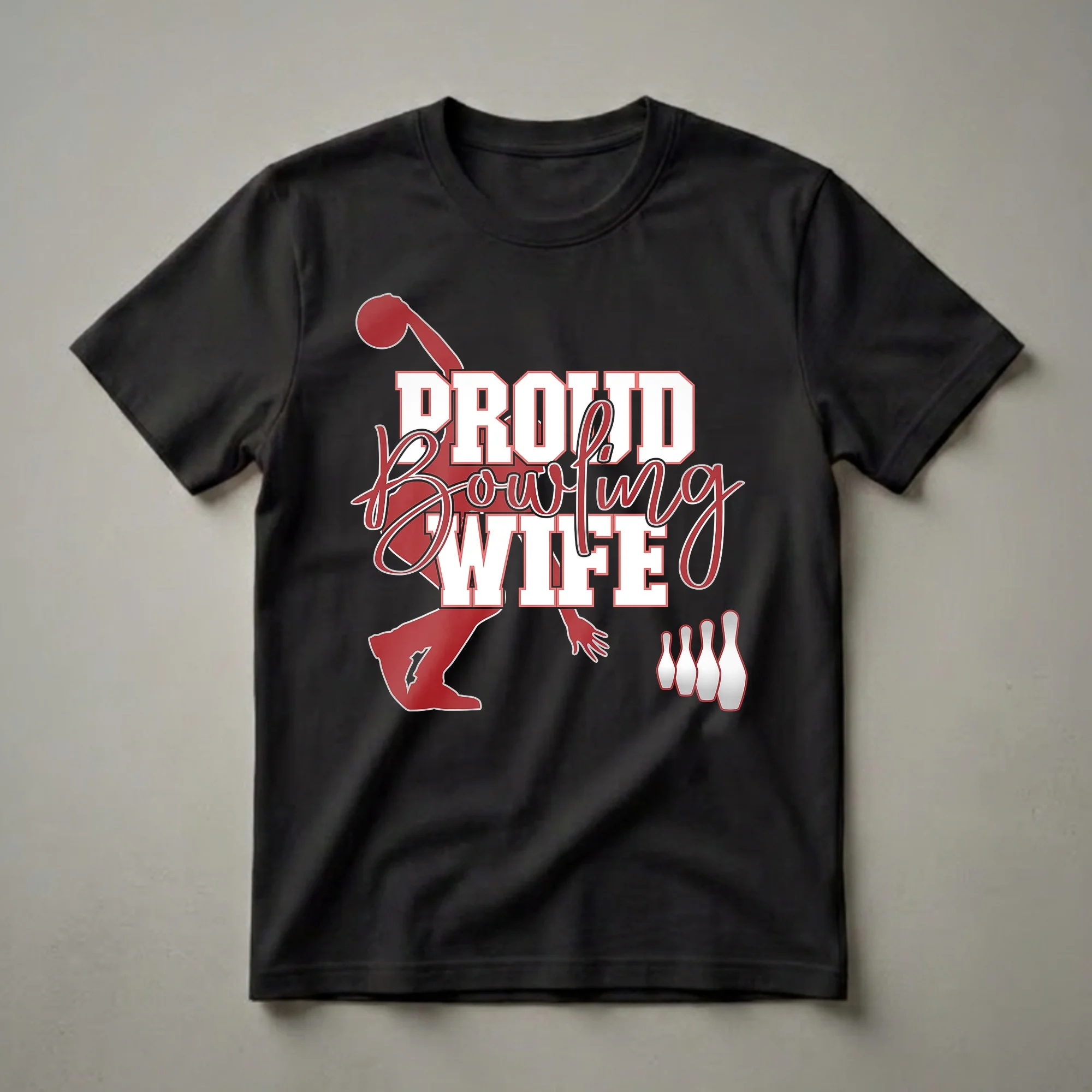 Black t-shirt featuring a red and white graphic of a bowler mid-throw and bowling pins, with the text 'Proud Bowling Wife'.