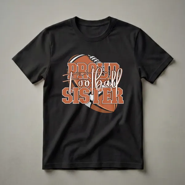 Orange and white graphic t-shirt with the words 'Proud Football Sister' overlaid on a football illustration.