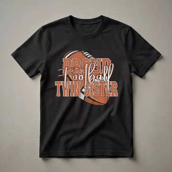 Black t-shirt with 'Proud Football Twin Sister' text in orange and white, overlaid on an illustration of an orange football.