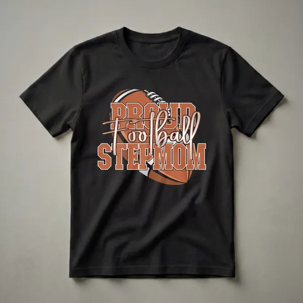 Orange and white graphic tee with the words "Proud Football Stepmom" and an illustration of a football.