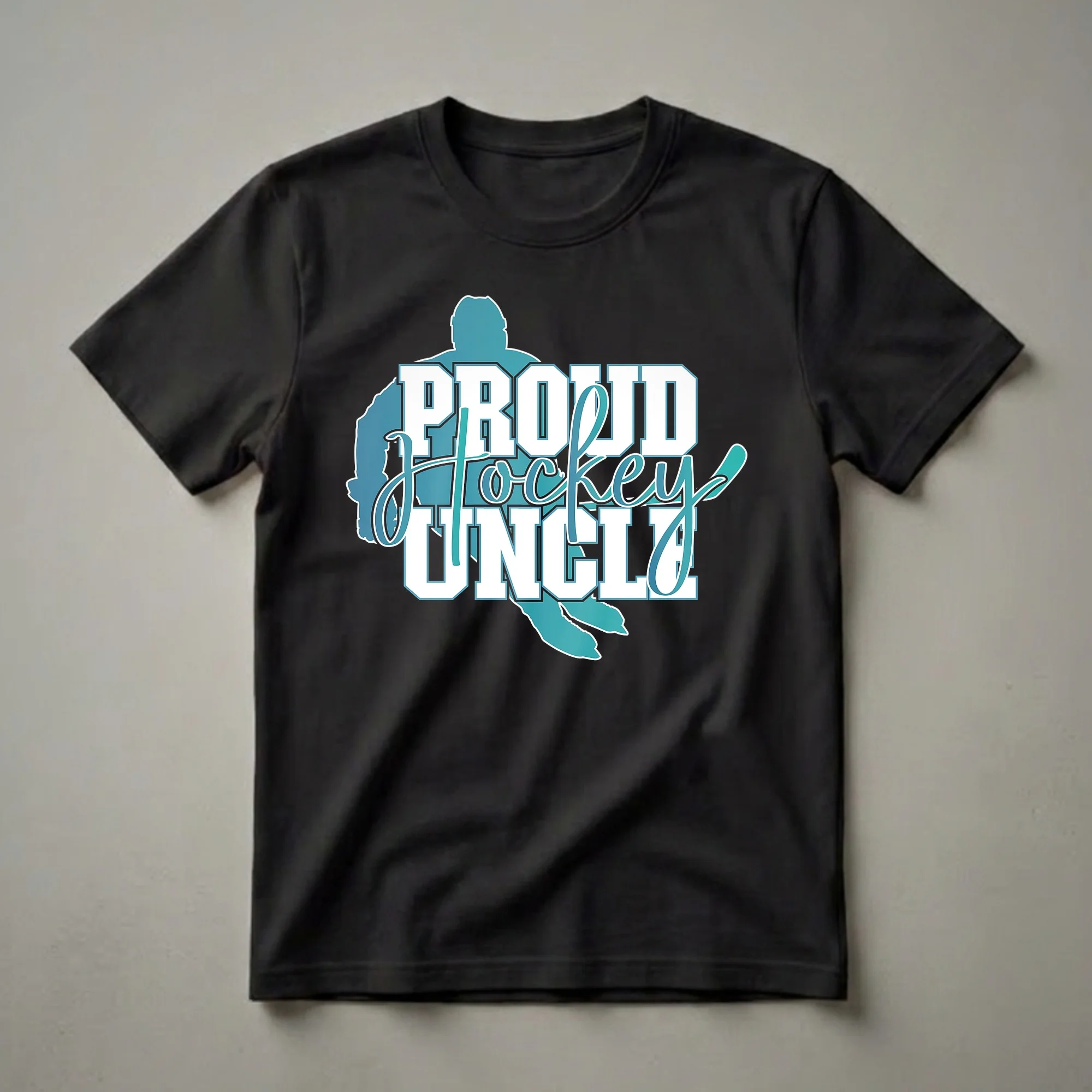 White and teal graphic t-shirt with the words 'Proud Hockey Uncle' and a silhouette of a hockey player in motion.