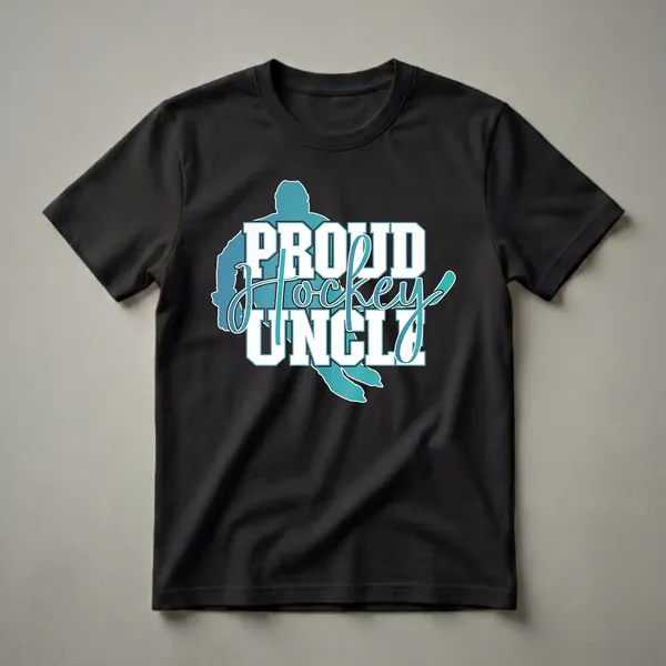White and teal graphic t-shirt with the words 'Proud Hockey Uncle' and a silhouette of a hockey player in motion.