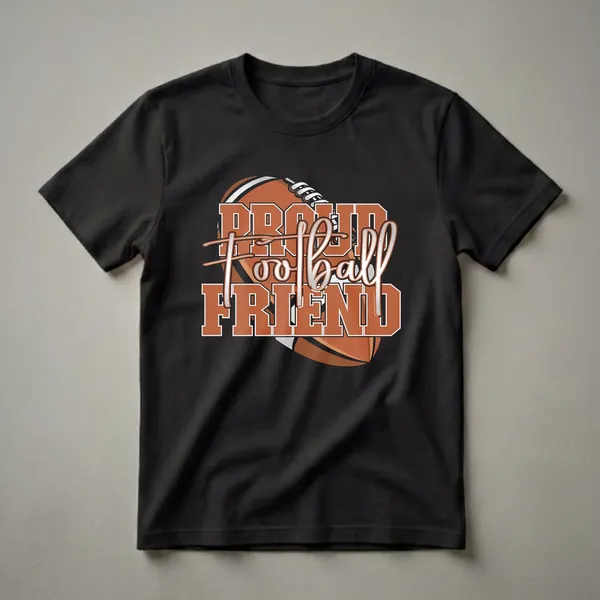 Orange and white graphic t-shirt with a football and the text 'Proud Football Friend' in bold lettering.