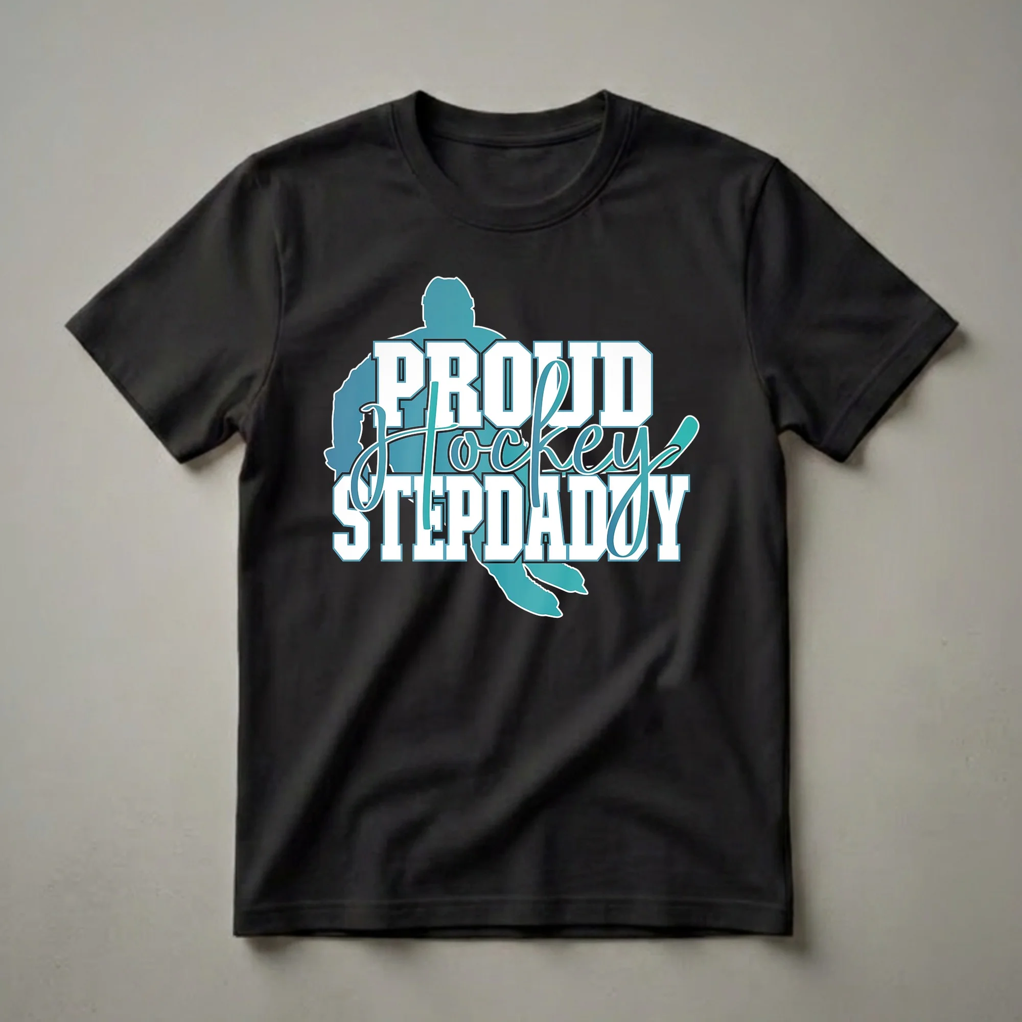 White and teal graphic t-shirt with the words 'Proud Hockey Stepdaddy' and a silhouette of a hockey player and stick.