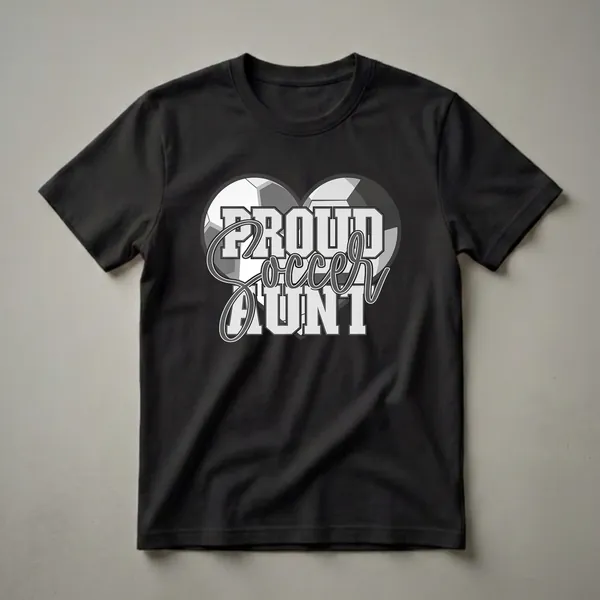 Black t-shirt with a graphic design that reads 'Proud Soccer Aunt' in collegiate and script fonts, set against a heart shape formed by two soccer balls.