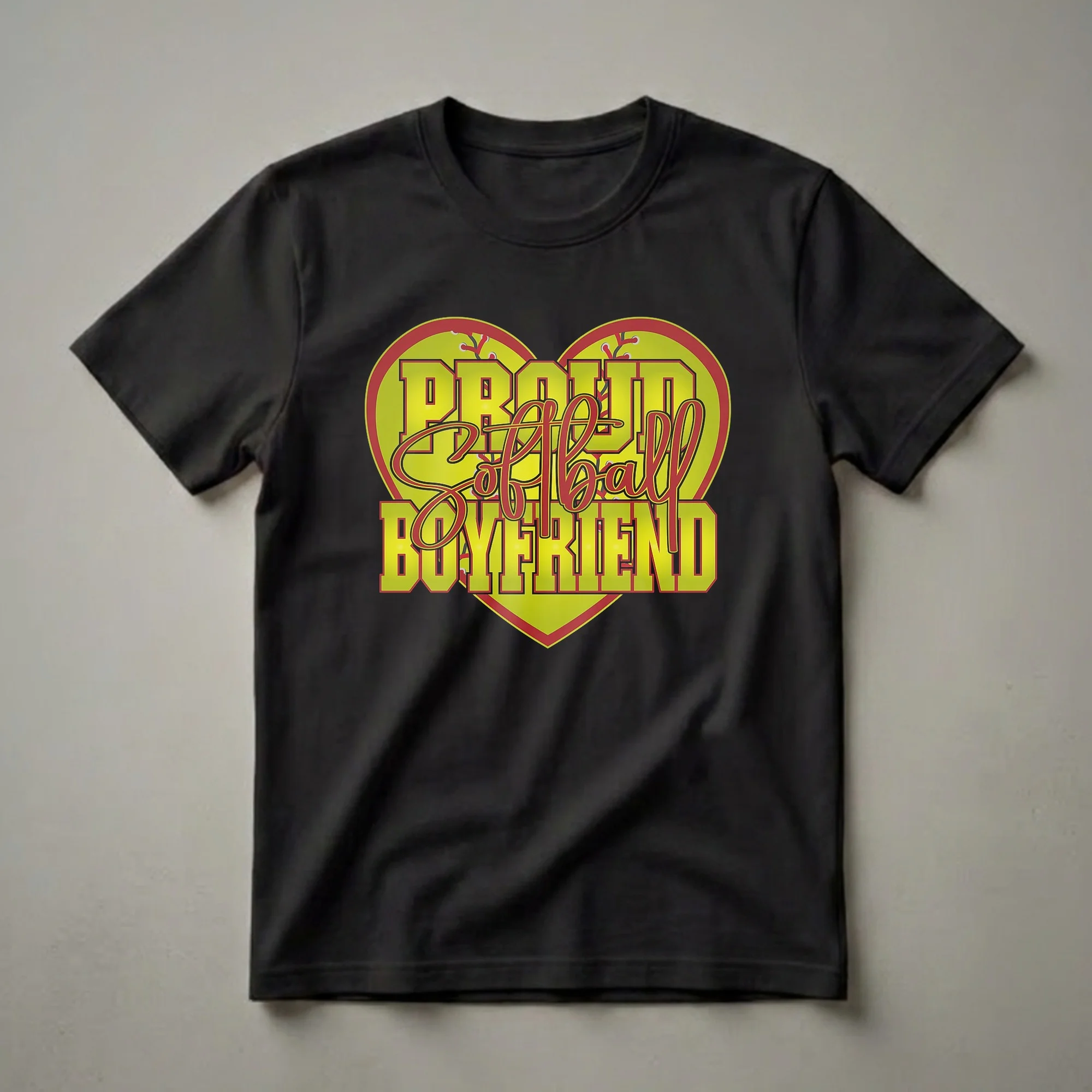 Yellow heart graphic t-shirt with red softball laces and bold red and yellow text reading 'Proud Softball Boyfriend'.