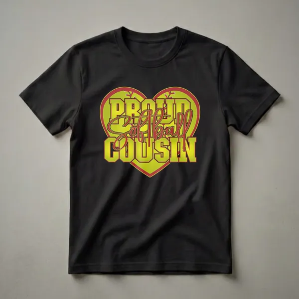 Yellow and red graphic t-shirt with the words 'Proud Softball Cousin' inside a heart shape resembling a softball.