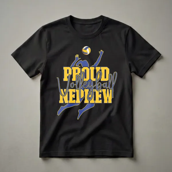 Blue and yellow graphic t-shirt featuring a volleyball player in mid-air and the text 'Proud Volleyball Nephew'.