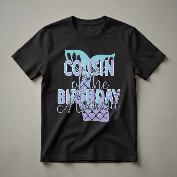 A black t-shirt graphic featuring the text 'Cousin of the Birthday Mermaid' in gradient blue and purple lettering, with a teal and purple mermaid tail and fins.