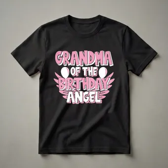 Grandma of the Birthday Angel Pink Graphic T-Shirt for Parties
