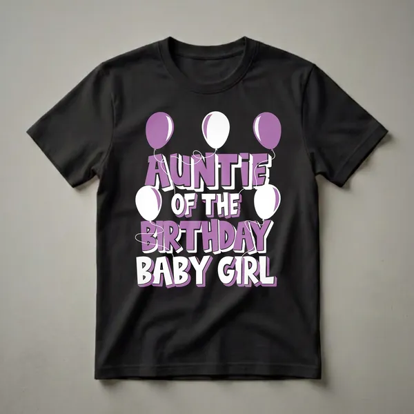 Purple and white graphic t-shirt with bold text reading 'Auntie Of The Birthday Baby Girl' and decorated with purple and white balloons.