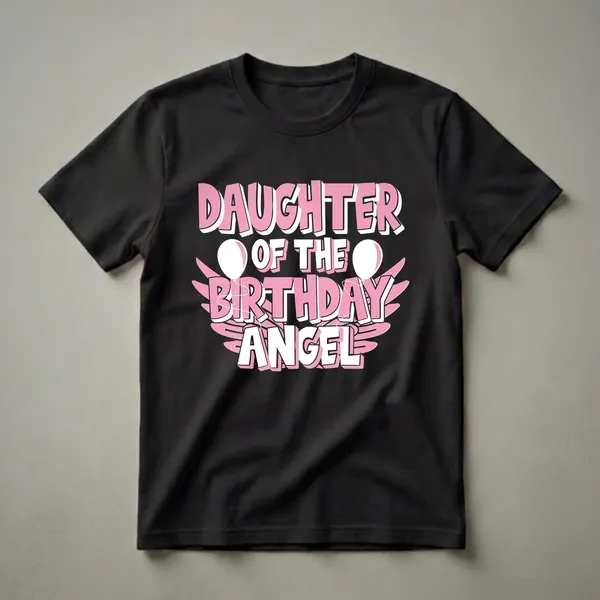 Pink and white 'Daughter of the Birthday Angel' graphic t-shirt with wings and balloons.