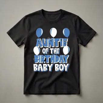 Auntie Of The Birthday Baby Boy Blue Balloon Graphic T-Shirt
