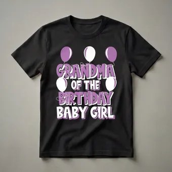 Grandma Of The Birthday Baby Girl Purple Balloons Graphic Tee