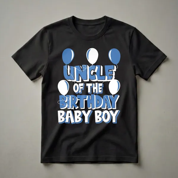 Black t-shirt with bold blue and white text reading 'UNCLE OF THE BIRTHDAY BABY BOY' and decorated with blue and white balloons.