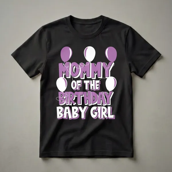 Black t-shirt with purple and white text that reads 'Mommy Of The Birthday Baby Girl' and features purple and white balloons.