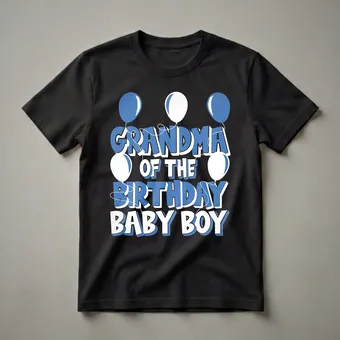 Grandma Of The Birthday Baby Boy Blue Balloons Graphic Tee