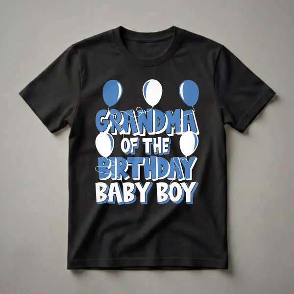 Black t-shirt with bold blue and white text reading 'GRANDMA OF THE BIRTHDAY BABY BOY' and decorated with blue and white balloons.