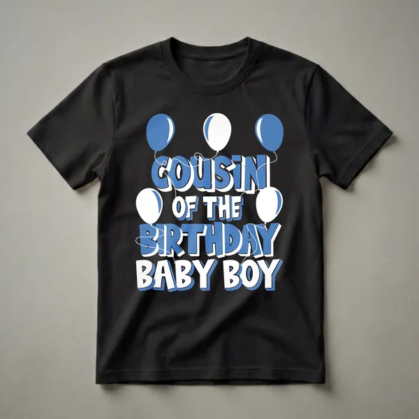 Black t-shirt with blue and white text reading 'Cousin of the Birthday Baby Boy' surrounded by blue and white balloons.