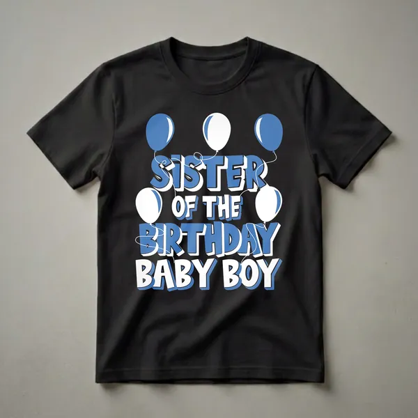 Black t-shirt with blue and white text reading 'Sister of the Birthday Baby Boy' surrounded by blue and white balloons.