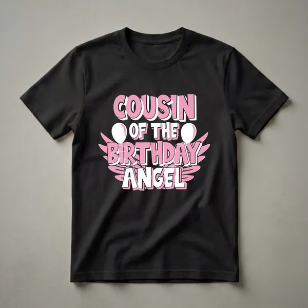 Black t-shirt with pink and white text reading "COUSIN OF THE BIRTHDAY ANGEL," featuring stylized wings and two white balloons.