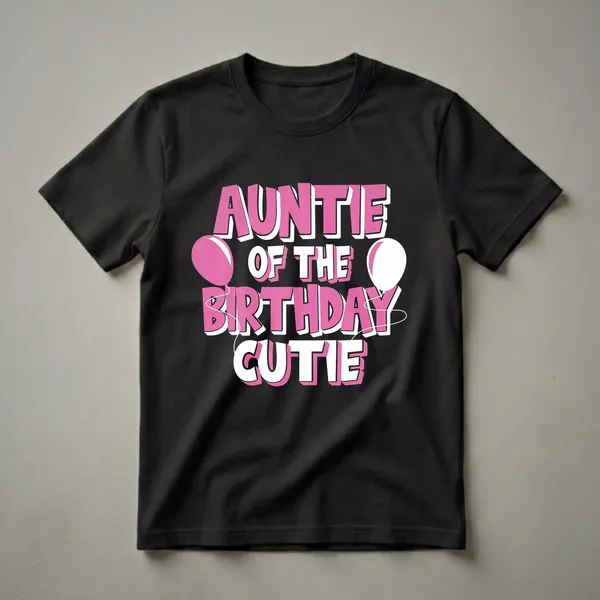 Black t-shirt with bold pink and white text that reads 'Auntie Of The Birthday Cutie', with pink and white balloons on either side.