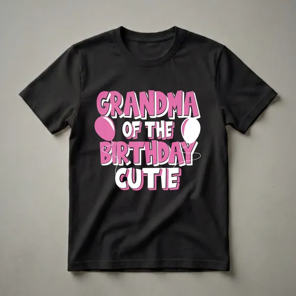Black t-shirt with pink and white 3D text that reads 'GRANDMA OF THE BIRTHDAY CUTIE' and features pink and white balloons.