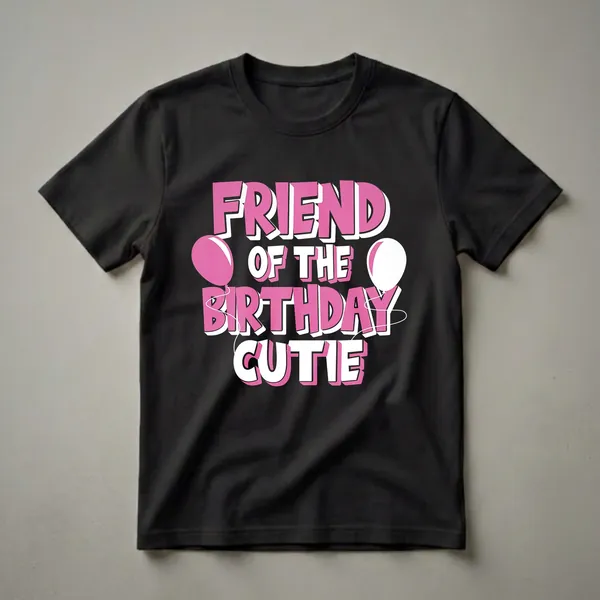 Black t-shirt with pink and white text that reads 'FRIEND OF THE BIRTHDAY CUTIE' and features pink and white balloons.