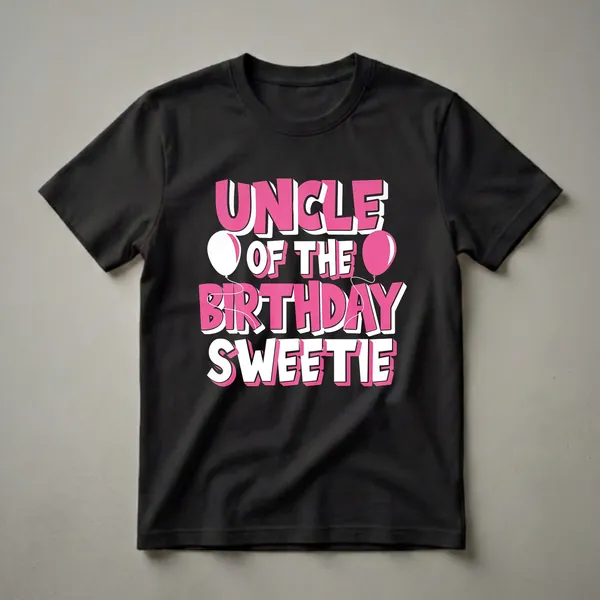 Black t-shirt with bold pink and white 3D text that reads "Uncle Of The Birthday Sweetie" and features two balloons.