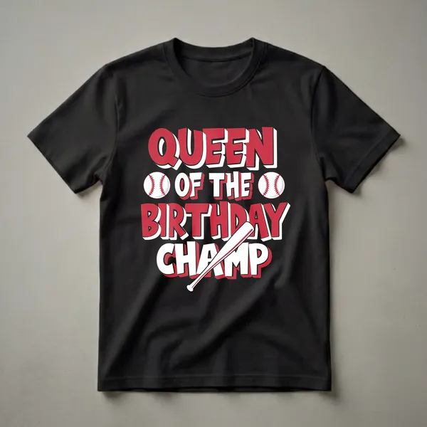 Black t-shirt with red and white text that reads "QUEEN OF THE BIRTHDAY CHAMP" with baseball graphics and a baseball bat.