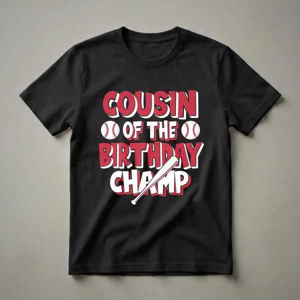Black t-shirt with bold red and white text reading 'COUSIN OF THE BIRTHDAY CHAMP', featuring baseballs and a baseball bat graphic.