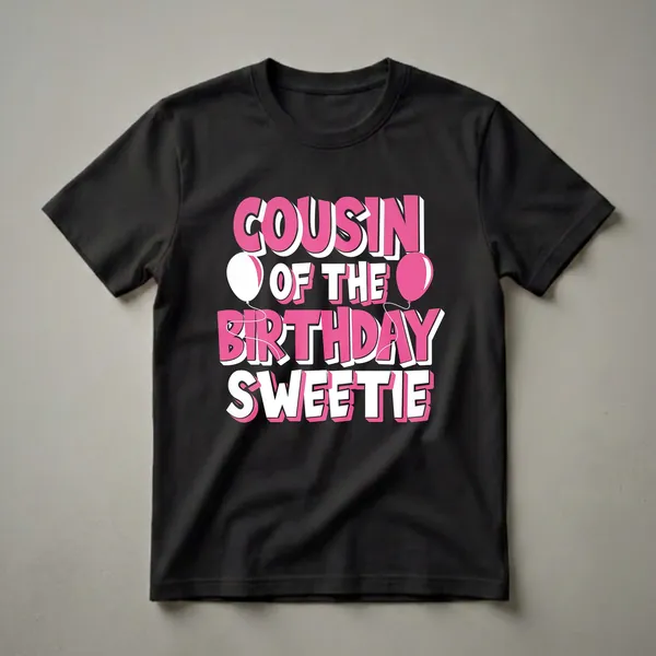 Black t-shirt with bold pink and white 3D text reading 'Cousin Of The Birthday Sweetie' and two balloons.