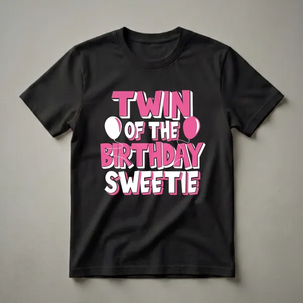 Black t-shirt with bold pink and white 3D text that reads 'TWIN OF THE BIRTHDAY SWEETIE', with a pink balloon and a white balloon on either side.