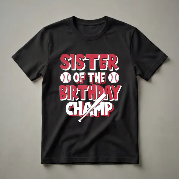 Red and white graphic t-shirt that says 'Sister of the Birthday Champ' with baseballs and a baseball bat.