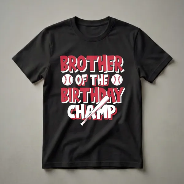 Black t-shirt with red and white text that reads 'Brother of the Birthday Champ', featuring baseball graphics and a baseball bat.