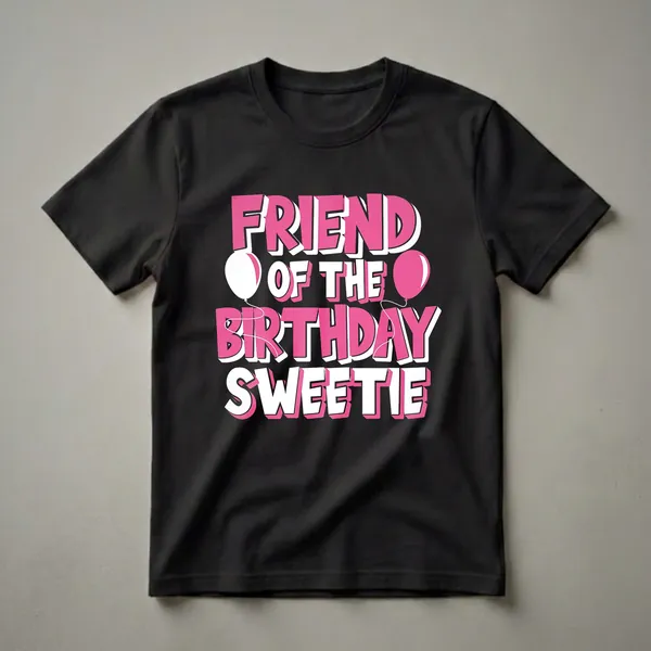 Black t-shirt with bold pink and white 3D text that reads 'FRIEND OF THE BIRTHDAY SWEETIE', accompanied by two balloons.