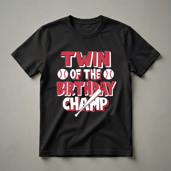 Red and white graphic t-shirt with bold text reading 'TWIN OF THE BIRTHDAY CHAMP' and featuring baseballs and a baseball bat.