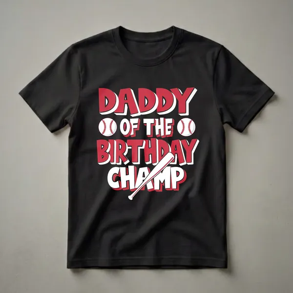 Black t-shirt with bold red and white text reading "DADDY OF THE BIRTHDAY CHAMP" with baseballs and a baseball bat graphic.