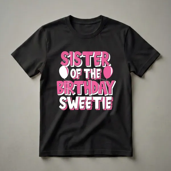 Black t-shirt with bold pink and white text reading 'SISTER OF THE BIRTHDAY SWEETIE' and two balloons.