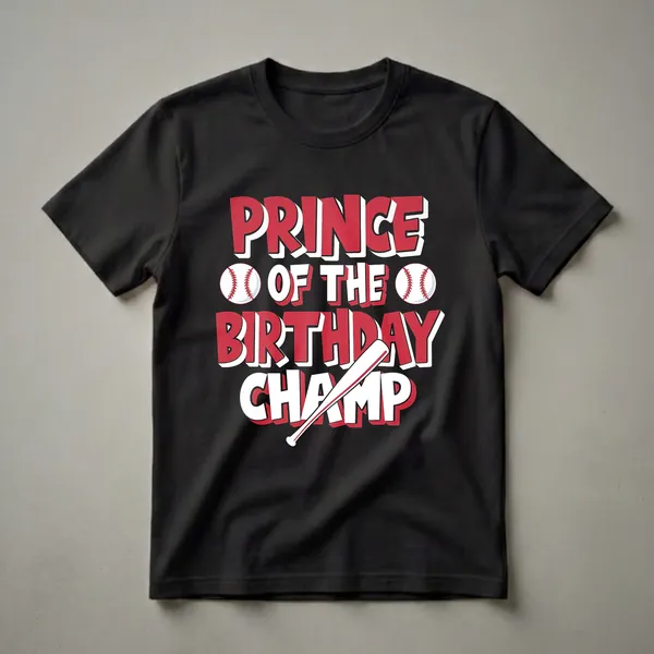 Black t-shirt with red and white text that reads 'PRINCE OF THE BIRTHDAY CHAMP', featuring baseball graphics and a baseball bat.