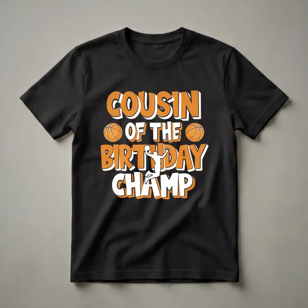 Black t-shirt with bold orange and white text reading 'COUSIN OF THE BIRTHDAY CHAMP', featuring two basketballs and a silhouette of a basketball player dunking.