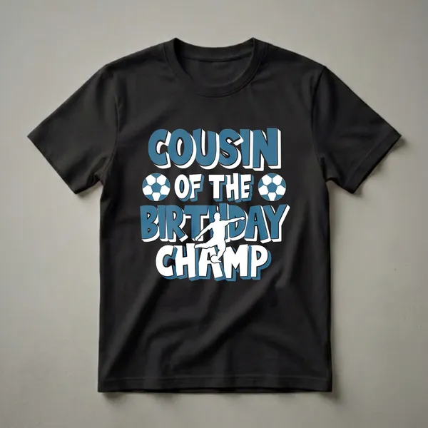 Blue and white graphic t-shirt for boys that says 'Cousin of the Birthday Champ' with soccer balls and a soccer player silhouette.